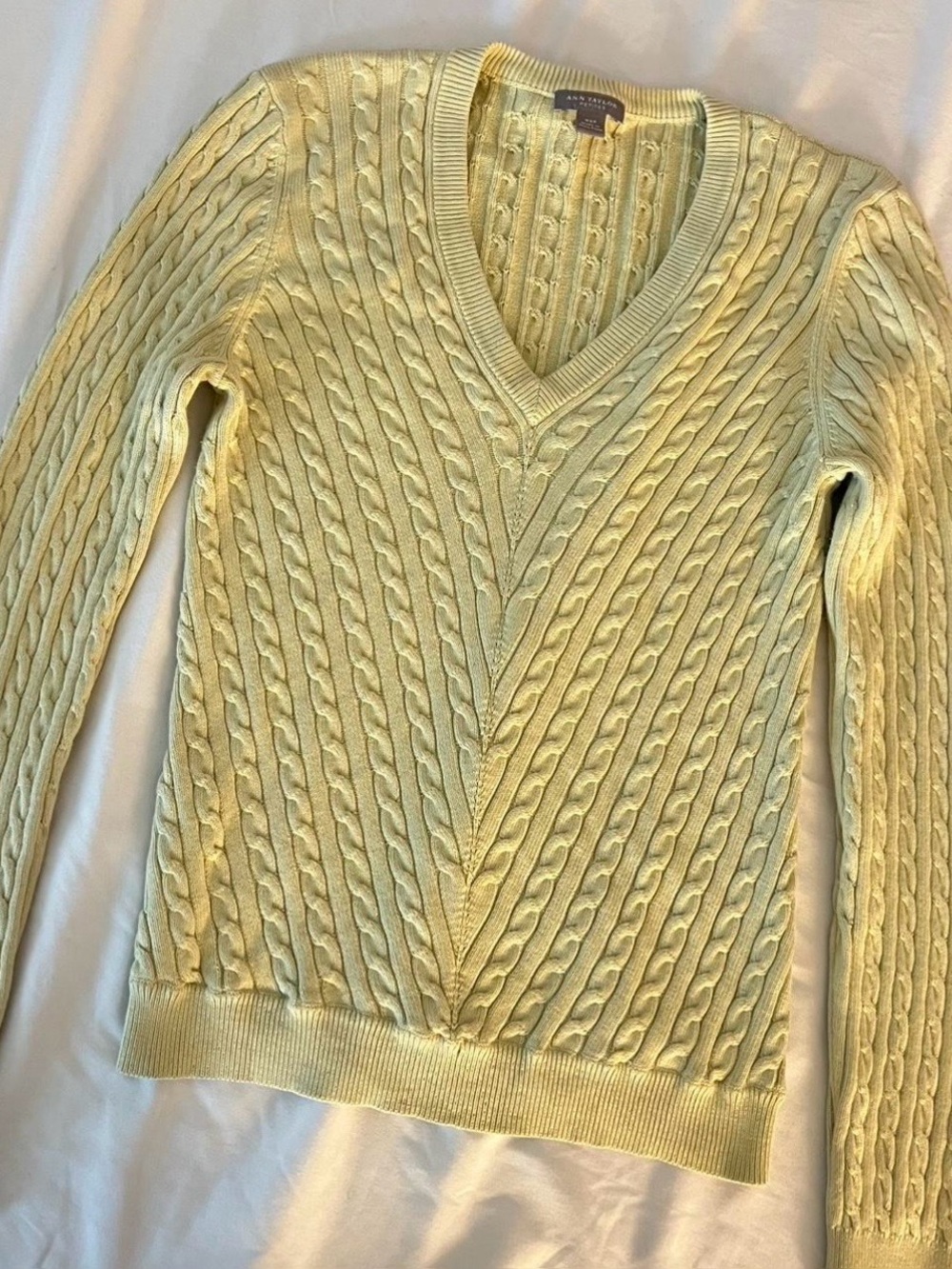 Ann Taylor Pale Yellow Cable-Knit V-Neck Sweater